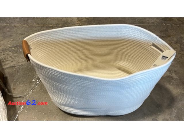 Lot 44-4006a - Large Woven Rope Storage Basket with Faux Leather Handles E-Commerce Return, A basic inspection has been given to this item. Sold AS-IS. Not...