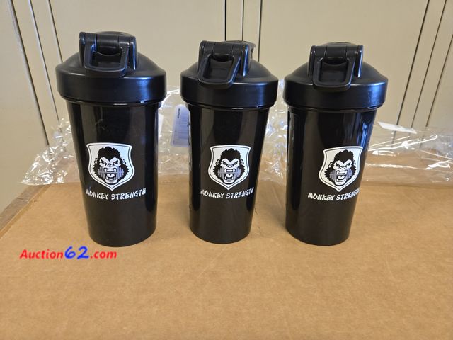 Lot 44-6517q - Lot of 3 Monkey Strength Hard Plastic Shaker Bottles 18 OZ (Black) Appears New, A basic inspection has been given to this item. Sold AS-IS.