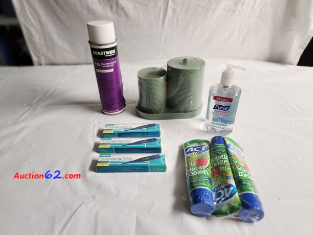 Lot 44-2129g - 3 digital thermometers, 1 Purell Advanced hand sanitizer, 1 sage green bathroom organizer containers with tray measures approx 7 in W x 7 in...