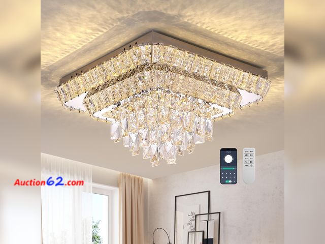 Lot 44-1560o - $149.9 Retail price - COCOSTAR Crystal Chandeliers, Modern Led Luxury Chandelier, 25" Suqare Flush Mount Chandelier Ceiling Light, Chandelie...