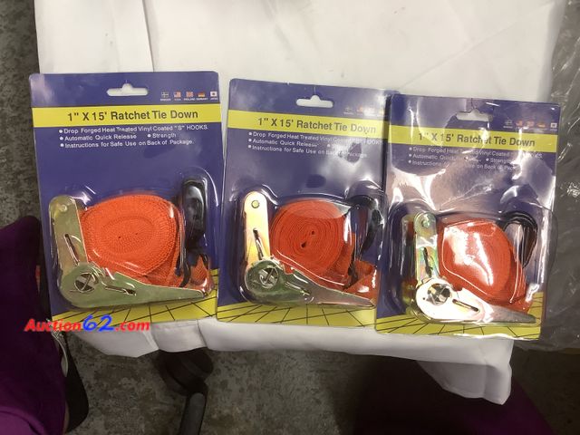 Lot 44-6124e - Set of 3 1”x15’ Ratchet Tie Down. Appears New, A basic inspection has been given to this item. Sold AS-IS. See All Photo's Not Tested Never ...