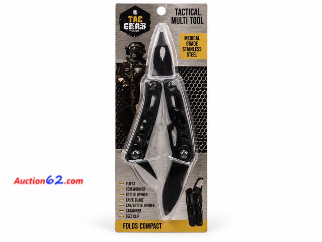 Lot 44-6185m - Tactical Multi tool, Medical Grade Stainless Steel, Pliers, Screwdriver, Bottle Opener, Knife Blade, Carabiner, and a Belt Clip. Tac Gear Ap...