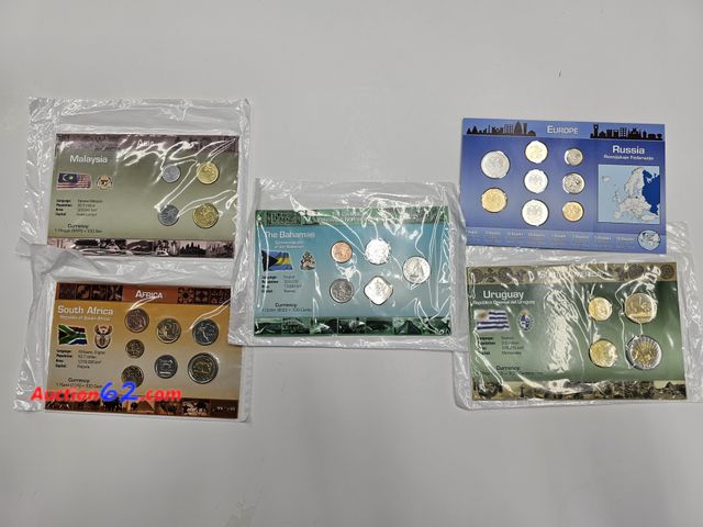 Lot 44-8369f - FIVE (5) BRILLIANT UNCIRCULATED WORLD COIN SETS - RUSSIA, URUGUAY, ASIA, AFRICA, AND THE BAHAMAS.-T