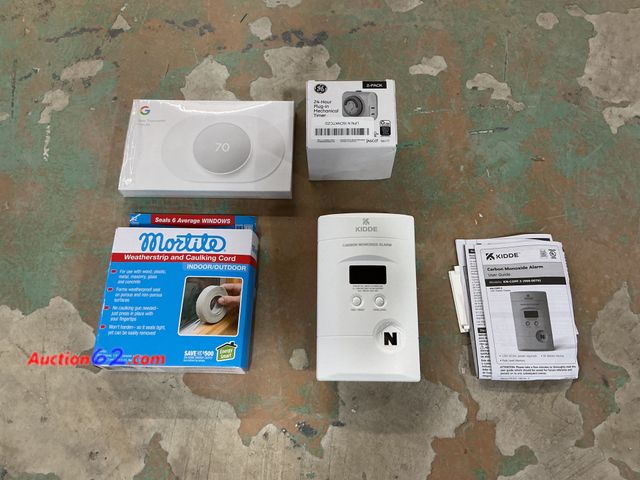 Lot 44-978 - $150 Retail price - Google Nest Thermostat - Smart Learning Thermostat, GE 2-Pack Plug-In Outlet Timer, Mortite Weatherstrip, Kidde Carbon M...