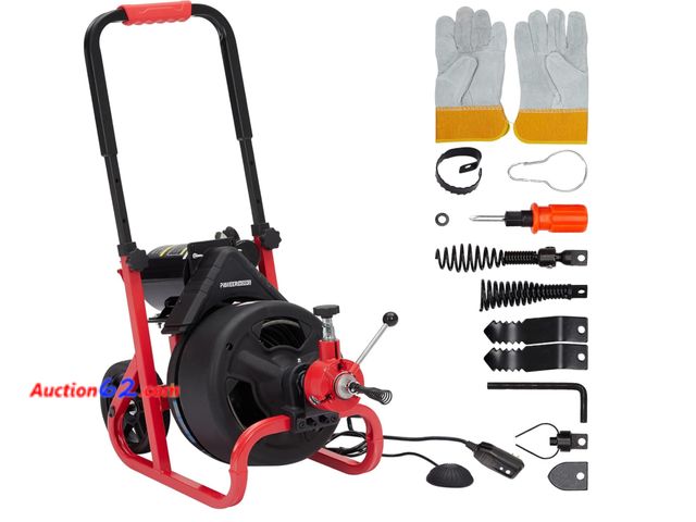 Lot 44-71z - PIONEERWORKS 100Ft x 3/8In Drain Cleaner Machine, Auto-feed Electric Drain Auger Professional 6.8A, ...