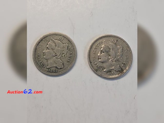 Lot 44-8337w - TWO (2) THREE CENT NICKELS. 1865 &amp; 1867. MINTED IN PHILADELPHIA! - NT