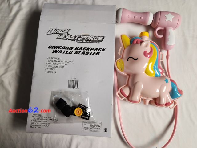 Lot 44-2328b - 1 new Banzai Blast Force Unicorn Backpack Water Blaster. Set includes 1 water tank with cover, 1 Blaster with tube, 1 set connector,  2 stra...