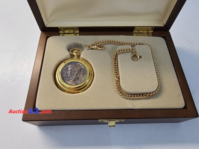 Lot 44-8330u - *BEAUTIFUL* GOLD-PLATED POCKET WATCH &amp; FOB WITH A 90% SILVER KENNEDY HALF DOLLAR EMBEDDED IN THE LID. COMES IN A FANCY DISPLAY BOX! - NT