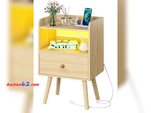 Lot 44-6980p - Yoobure Nightstand with Charging Station, Modern Night Stand with LED Lights, Wood Nightstands with Fabric Drawer &amp; Storage Shelf, Night...