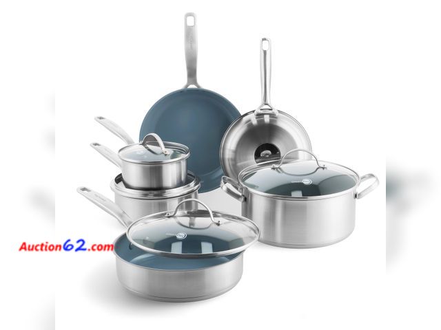 Lot 44-1142j - $194.57 Retail price - GreenPan Treviso 10 Piece Cookware Set, Non-Toxic PFAS-Free Stainless Steel Ceramic Nonstick Coating, Induction Suita...