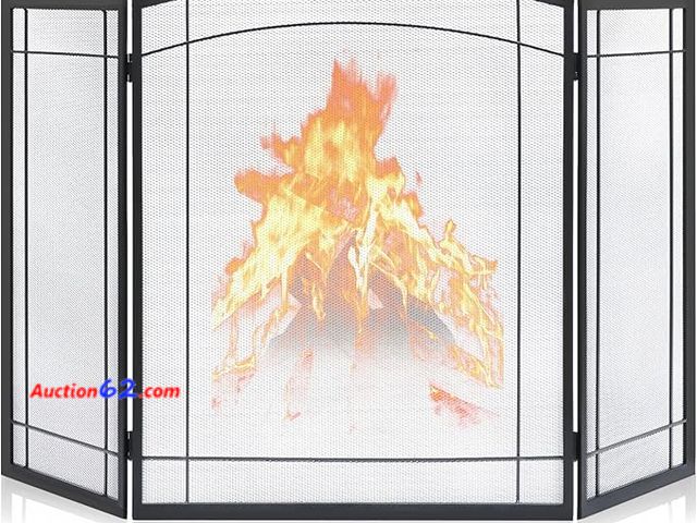 Lot 44-138b - FEED GARDEN 3 Panel Fireplace Screen 48" W x 29" H Modern Foldable with Wrought Metal Decorative Mesh,Arch Heavy Duty Fire Spark Guard Cover...
