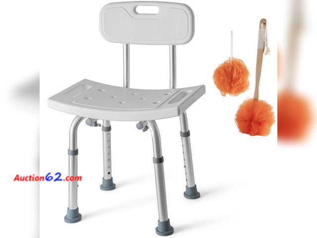 Lot 44-661m - Medical king Shower Chair Set of 3 - Includes Back Scrubber &amp; Additional Sponge - Anti Slip for Safety, with 8 Adjustable Heights Portab...