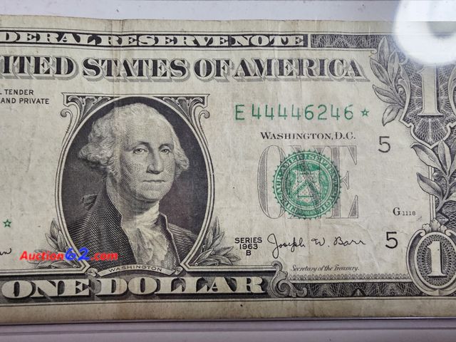 Lot 44-8353p - STAR NOTE AND A PARTIAL REPEATER!-CIRCULATED 1963B SERIES JOSEPH W BARR DOLLAR BILL. AMONG THE MOST SOUGHT-AFTER U.S. PAPER MONEY OF THE LAT...