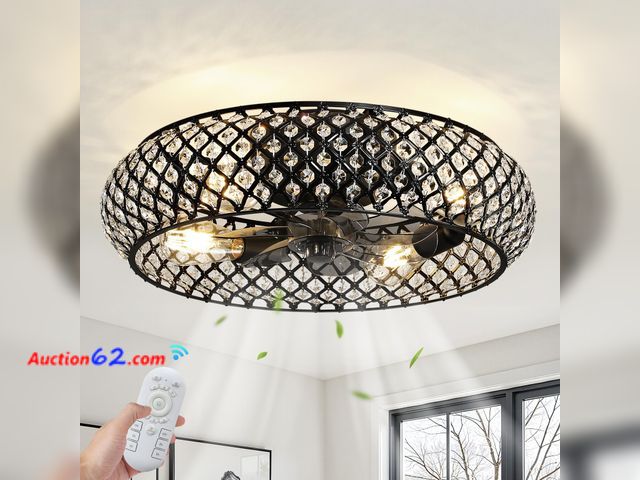 Lot 44-146e - $118.77 Retail price - RUIYEY Crystal Ceiling Fans with Lights: 20 inch Remote Low Profile Ceiling Fan,Timer 7 Blades 6 Speeds Quiet DC Reve...