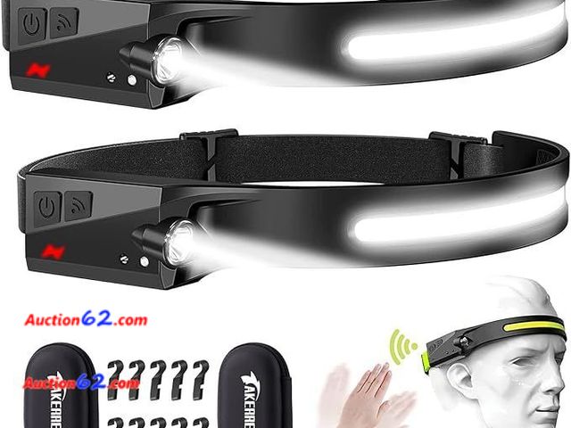 Lot 44-9027b - Pack of (2) Rechargeable Headlamps,High Lumen,8 Hours Battery Life(in Low Lumen),10 Clips and 2 Cases,Waterproof 2.4oz Lightweight,5 Light M...