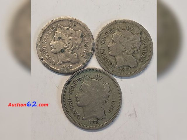 Lot 44-8303x - LOT OF THREE CENT NICKELS, THREE (3) IN TOTAL! TWO 1868's AND A 1872. COMES IN A PROTECTIVE FLIP! - NT