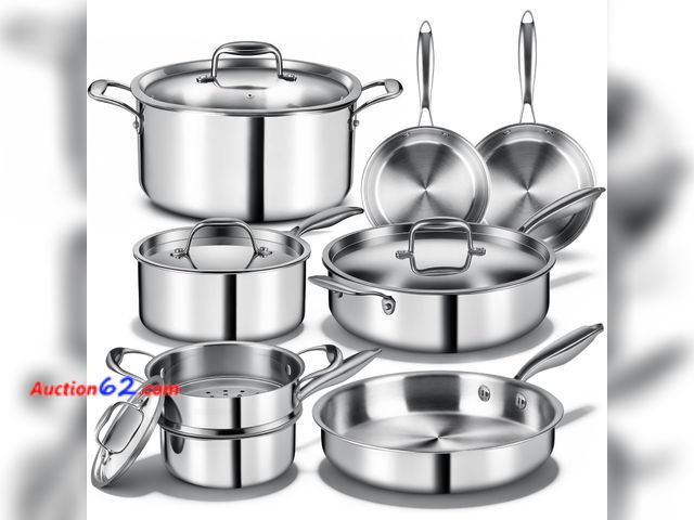 Lot 44-918j - $169.99 Retail price - Triple Ply Stainless Steel Pots and Pans Set, EWFEN 12 Piece Induction Cookware Set, Oven Dishwasher Safe | Frying Pa...