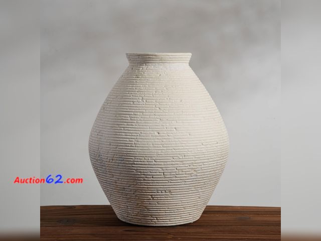 Lot 44-308 - Jaxoriel Large White Distressed Ceramic Vase, Rustic Ribbed Textured Floor Vase for Living Room Decor, Handmade Modern Farmhouse Vase for Pa...