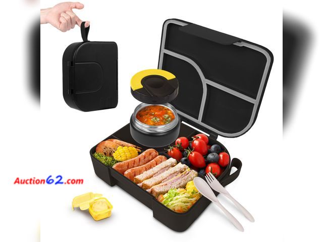 Lot 44-1611e - Lunch Box with Thermo Jar, Large-Capacity 3-Compartment Bento Box, Black Not Tested See All Photo's Appears New, A basic inspection has been...