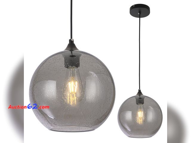Lot 44-1665o - GLAMIGHT Modern Smoke Grey Seeded Glass Pendant Light, 7.8" Globe Hand-Blown Bubble Glass Kitchen Island Lighting, Black Hardwired Hanging C...