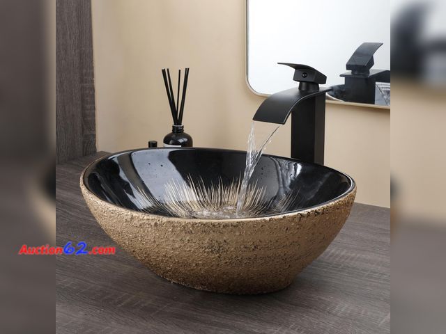 Lot 44-1855 - $114.99 Retail price - Sinku Mccut 16" Ceramic Vessel Sink Oval Above Counter Basin with Waterfall Faucet Drain Combo, Vintage Gold Black Ba...