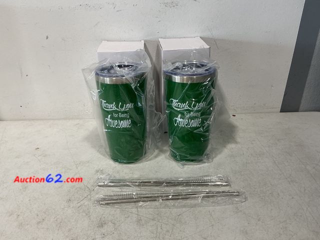 Lot 44-812 - Set of 2 Green Tumblers "Thank You for Being Awesome" with Straws Not Tested See All Photo's Appears New, A basic inspection has been given ...