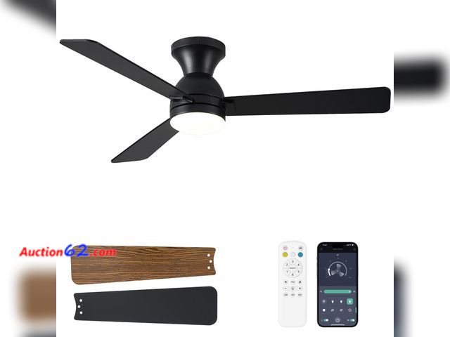Lot 44-2635f - Dolavast Ceiling Fans with Lights, 48 inch Low Profile Ceiling Fan with Light and Remote Control, Flush Mount, Reversible, 3CCT, Dimmable LE...
