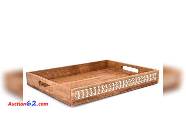 Lot 44-9021 - Retail of $30-Serving Trays Acacia Wood Serving Tray with Cutout Handles – for Coffee, Breakfast, Snacks, Kitchen &amp; Home Décor(16" X 12"...