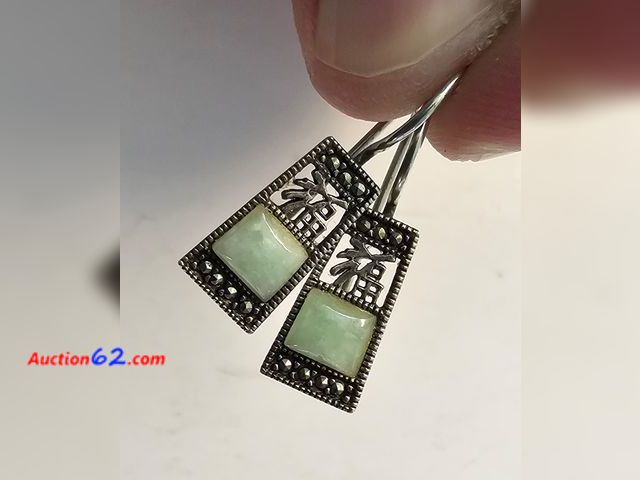 Lot 44-8310u - .925 STERLING SILVER ORNATE CHINESE EARRINGS WITH BEAUTIFUL JADE STONES.-T