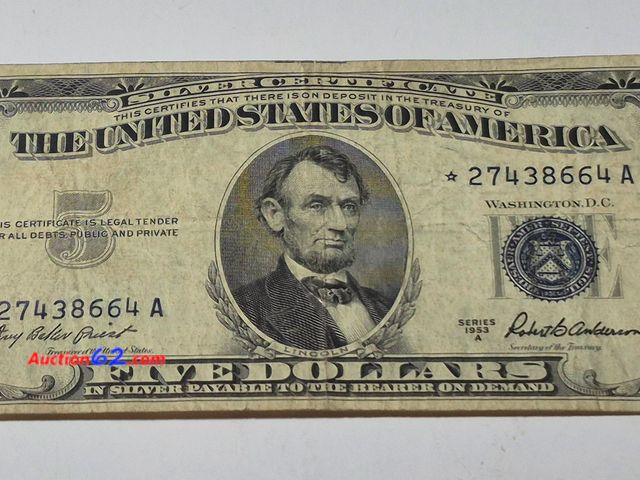 Lot 44-8321j - 1953 A $5 SILVER CERTIFICATE STAR NOTE. CIRCULATED. A STAR NOTE IS A REPLACEMENT NOTE FOR WHERE AN ERROR OCCURRED IN THE PRINTING. FROM BACK...