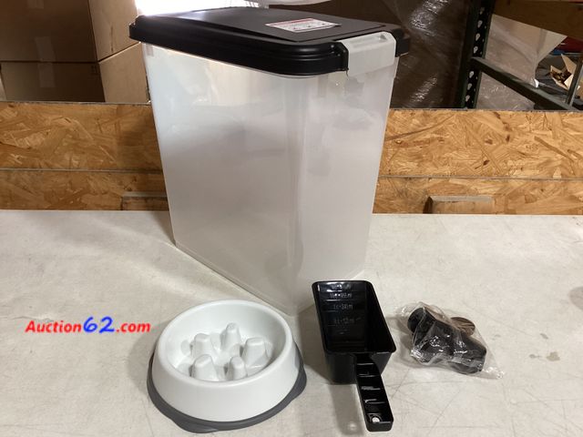 Lot 44-255b - Pet Food Container With Scooper and Bowl 2. E-Commerce Return, A basic inspection has been given to this item. Sold AS-IS.