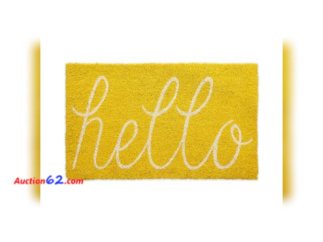 Lot 44-123a - DII Hello Coir Fiber Doormat Non-Slip Durable Outdoor/Indoor, Pet Friendly, 17.5x29.5, Yellow Appears New, A basic inspection has been given...