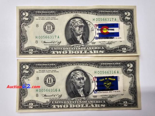 Lot 44-8328f - TWO CONSECUTIVE 1976 SERIES $2 BILLS. BOTH ARE POSTMARKED IN POSEYVILLE. ONE HAS THE COLORADO STATE FLAG STAMP AND THE OTHER HAS THE OREGON ...