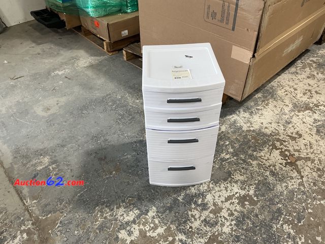 Lot 44-1195j - White 4-Drawer Storage Tower E-Commerce Return, A basic inspection has been given to this item. Sold AS-IS. Dirty