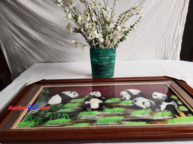 Lot 44-2131g - 1 3-D Panda picture from the Phillipines approx 3 ft W x 16 1/2 ft H wood frame and heavier glass vase green and black with white dogwood fl...