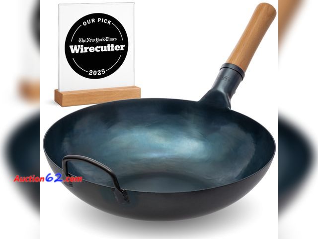 Lot 44-1843e - $89.99 Retail price - YOSUKATA 13.5” Blue Carbon Steel Wok Pan – Pre-Seasoned Flat Bottom Wok Compatible with open fire, gas, electric, cera...