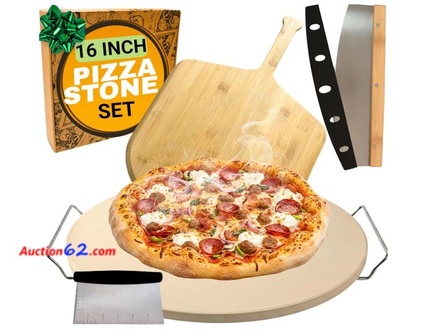 Lot 44-1788 - $75 Retail price- Large Pizza Stone for Oven 16 inch - Round Pizza Stone for Grill with Handles, Wood Pizza Peel and Cutter Set - Baking Sto...