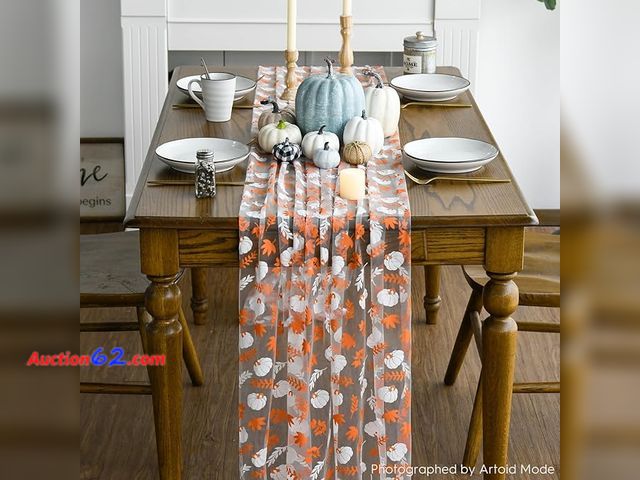 Lot 44-9134o - Artoid Mode Pack of (3) Orange Brown Pumpkins Fall Leaves Gauze Table Runner 120 Inch 10FT, Autumn Seasonal Sheer Dining Holiday Table Decor...