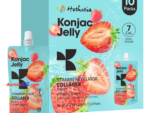 Lot 44-6822b - Hethstia Konjac Jelly Strawberry Flavor with Collagen Peptides – 10 Pouches Drinkable Strawberry Jello, 7 Kcal, 0 Sugar, Keto, Gluten-Free, ...