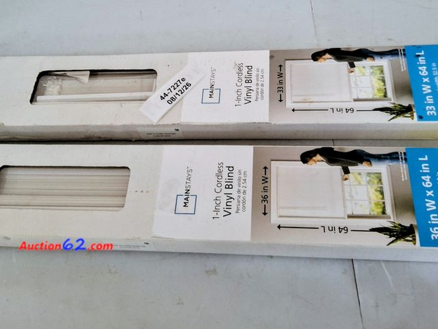 Lot 44-7227e - Lot of (2)  1 - inch cordless vinyl blinds, white, (see pics for size) E-Commerce Return, A basic inspection has been given to this item. So...