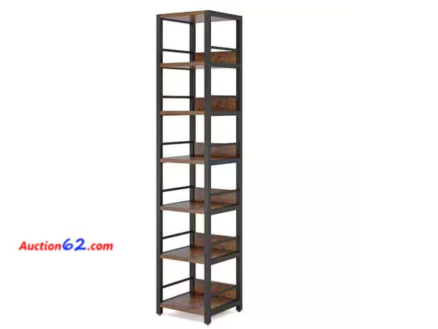 Lot 44-1582w - $150 Retail price - Frailey 75 in. Rustic Brown 6-Shelf Tall Narrow Bookcase Bookshelf Storage Rack with Metal Frame for Home Office Appears...
