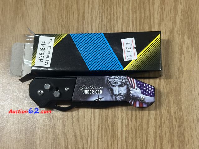 Lot 44-6179w - Push button spring assist knife with belt clip and slide lock HG838-14 NEW. “One nation under God” opened for photos. See All Photo's Tested...