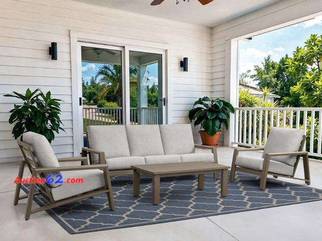 Lot 44-3e - $1,799 Retail price - Henredon Arlow 4pc Outdoor Patio Furniture Set - Sofa, 2 Chairs, and Ottoman Cover E-Commerce Return, A basic inspecti...
