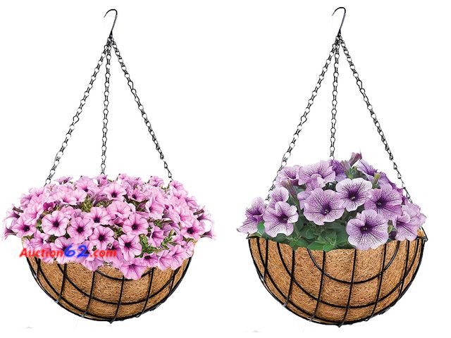 Lot 44-1652e - Deepthi Hanging Planter Baskets with Coco Coir Liners – Pack of 2 Metal Wire Flower Pots with Chains – Indoor Outdoor Porch Patio Garden Han...