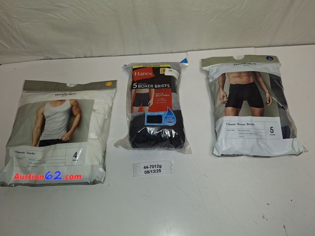 Lot 44-7012g - Lot of (3) Classic boxer briefs, 5 pairs, size L (36/38), Hanes tagless boxer briefs, 5 pairs, size L (36/38) and 4 Classic tanks, size S (3...