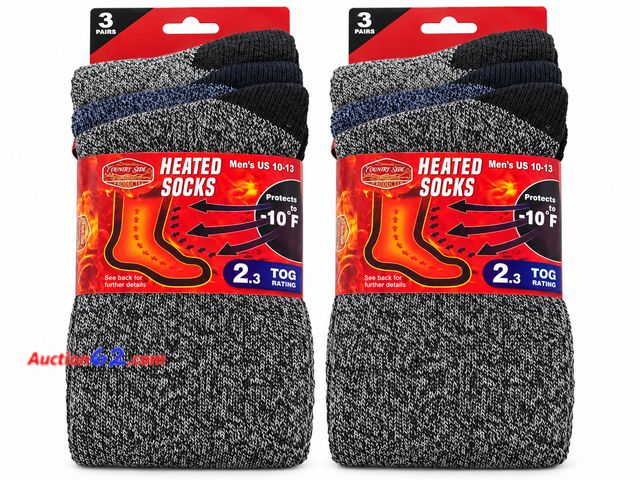 Lot 44-6090m - 6 pairs of men’s heated thermal socks size 10-13. 2 of each color black blue and gray. Appears New, A basic inspection has been given to thi...