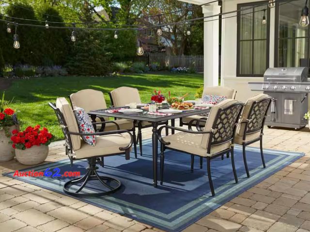 Lot 44-12g - Retail value $549- Laurel Oaks 7-Piece Dark Brown Steel Outdoor Patio Dining Set with CushionGuard Putty Cushions Appears New, A basic inspe...