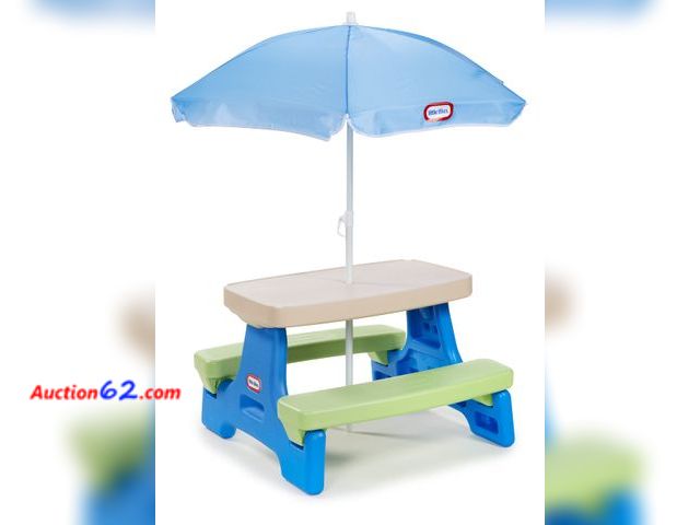 Lot 44-1512 - Little Tikes Easy Store Jr. Picnic Table with Umbrella - Blue / Green Not Tested, Appears New, A basic inspection has been given to this ite...