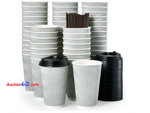 Lot 44-1797 - MUCHII 16 oz Disposable Coffee Cups, 80 Count Silver Grey Insulated Ripple To Go Cups With Lids and Straws for Tea, Hot Chocolate, and Drink...