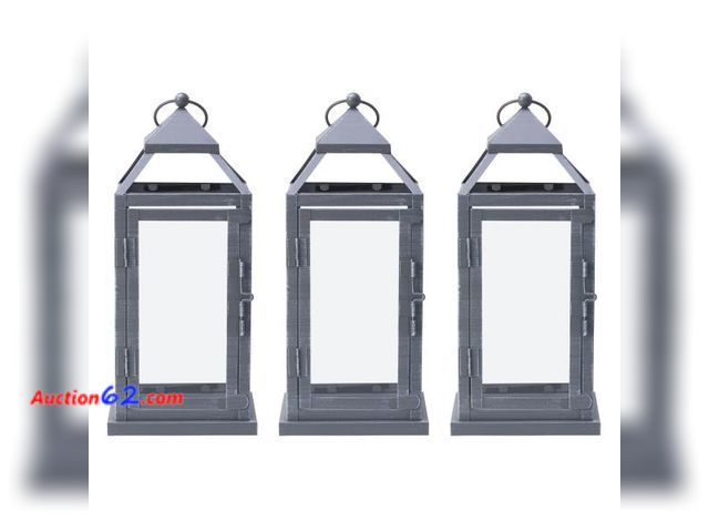 Lot 44-198b - Elements Metal Lanterns with LED Candles, Set of 3, 5.2x5.2x12 Inch, Gray - 1. Appears New, A basic inspection has been given to this item. ...
